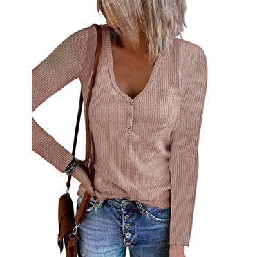 Sexy Dance Ladies Tunic Blouse Breasted Neck T Shirt V Tops Loose Pullover Long Sleeve Pink L