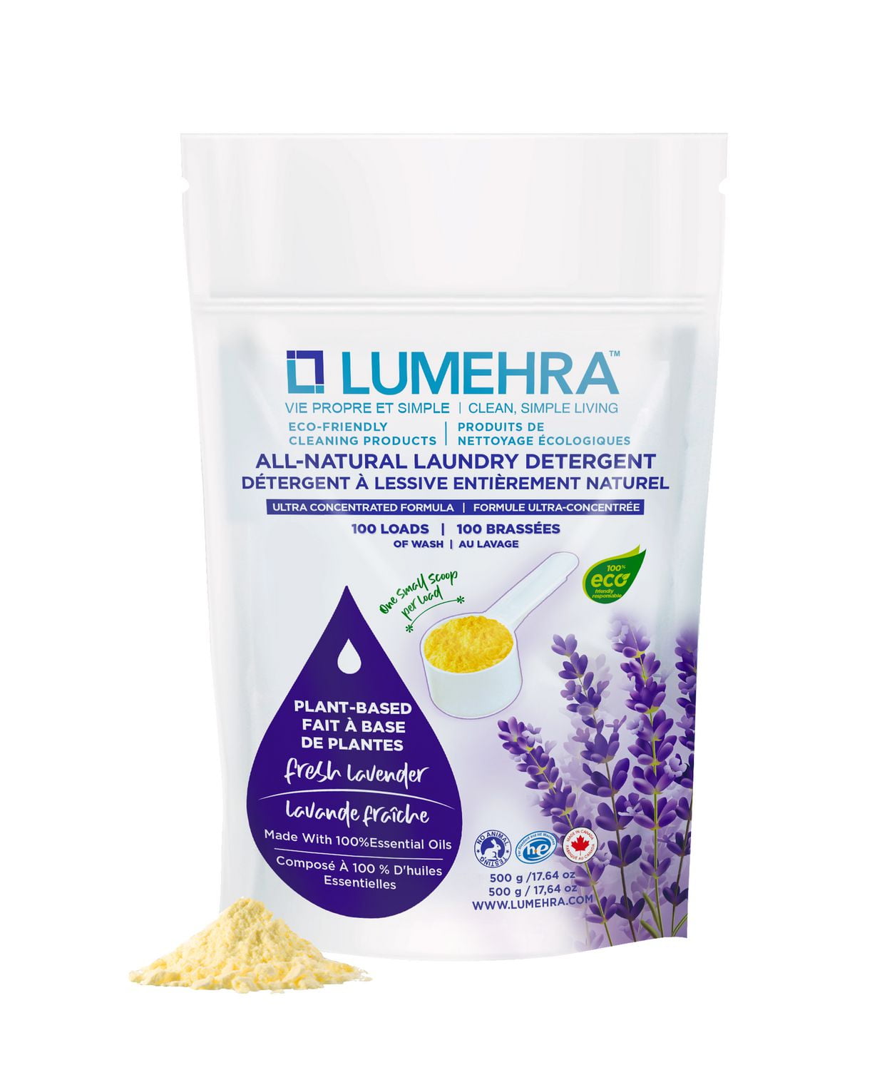 Détergent à lessive en poudre naturel à la lavande Lumehra – 100 brassées 500 grams