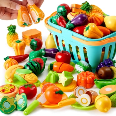 Joyfy 68 Pcs Cutting Play Food, Fake Food for Kids Play Kitchen with Storage Basket, Pretend Play Kitchen Toys