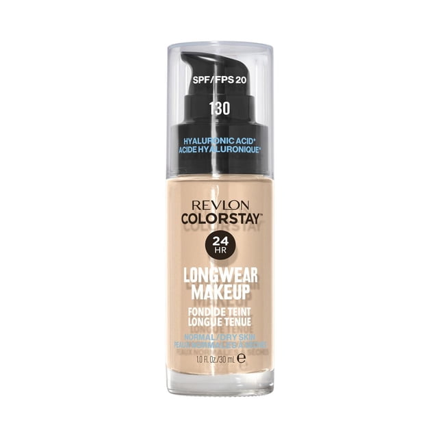 Revlon ColorStay™ Longwear Makeup for Normal/Dry Skin in shade 130, 30 ml liquid foundation with SPF 20 and hyaluronic acid, providing 24-hour hydration and a breathable, buildable formula that resists heat, sweat, and humidity for a natural, long-lasting finish.