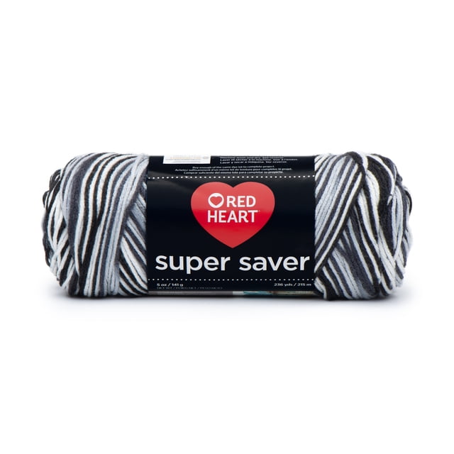 Red Heart® Super Saver® Fil, Imprimés, Acrylique #4 Moyen, 5oz/142g, 236 Verges, un Écheveau de Fil Acrylique de Poids Moyen en Noir, Blanc et Gris à Rayures Panachées avec une Étiquette Noire Montrant le logo Red Heart et le Nom du Produit, Convient aux Projets de Tricot et de crochet.