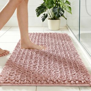 Non Slip Bathroom Rug Machine Washable Thick Pink Bath Mat 24x36 Soft Absorbent Bathroom Floor Mat Chenille Bath Rug for Shower Tub