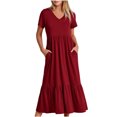 thumbnail image 1 of SuoKom Robe de Collation des Grades Robe d'Été pour Femme Décontractée à Manches Courtes Robe à Col en V Robe Décontractée Fluide à Volants Robe Maxi de Plage avec Poches Robe Maxi pour Femme en Liquidation, 1 of 5