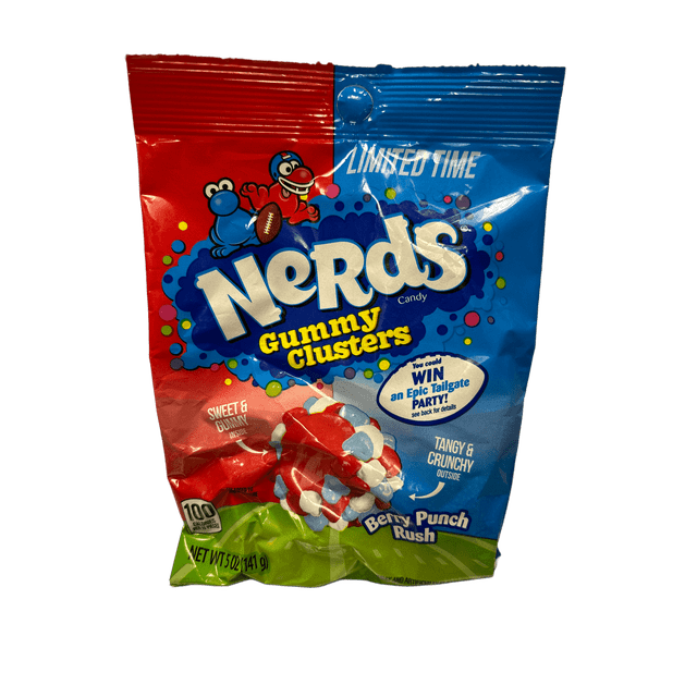 Nerds Gummy Clusters Berry Punch Rush 5OZ candy package with vibrant red and blue branding, featuring playful cartoon characters. The packaging emphasizes the tangy berry punch flavor, crunchy exterior, and sweet gummy inside. Perfect for fans of gummy and chewy candy. Includes promotional text for a limited-time offer and a chance to win an epic tailgate party.