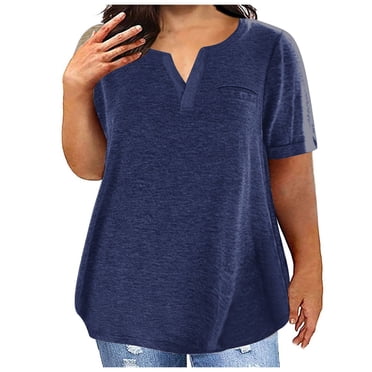 CFLVAEK Women's Plus Size Tshirts Loose Fitting Notch V Neck Tees Casual Short Sleeve Summer Going Out Tshirt Solid Color Basic Tunic Tops 2025 Dark Blue XXXXL
