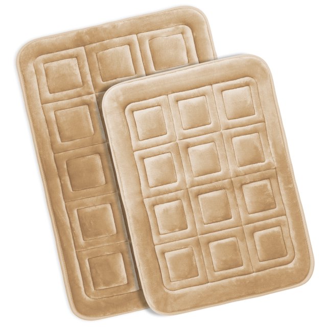 Clara Clark Bathroom Rugs, Velvet Memory Foam Bath Mat, Ultra Soft Non Slip and Absorbent - Waffled - Set of 2 - Beige