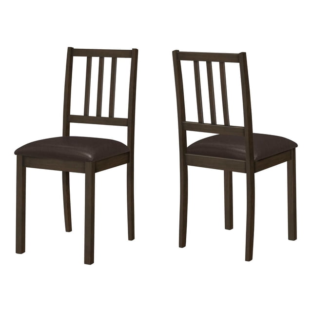 Monarch Specialties Dining Chair set of 2 with open slat backs, firm thick cushioned seats upholstered in dark brown PU leather look fabric, and solid engineered wood legs in espresso finish, ideal for kitchen and dining room seating.