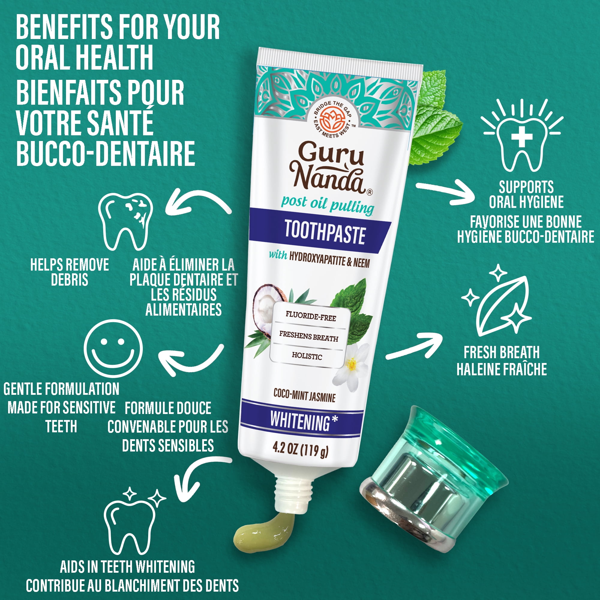 GuruNanda Dentifrice Blanchissant avec Neem & Hydroxyapatite, Noix de Coco-Menthe et Jasmin, Sans Fluorure, 119g