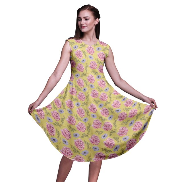 Bimba Robe d'Été Sans Manches à Col Rond pour Femmes, Imprimé Floral Oeillet Jaune et Marguerite, Tenue Décontractée - Grand