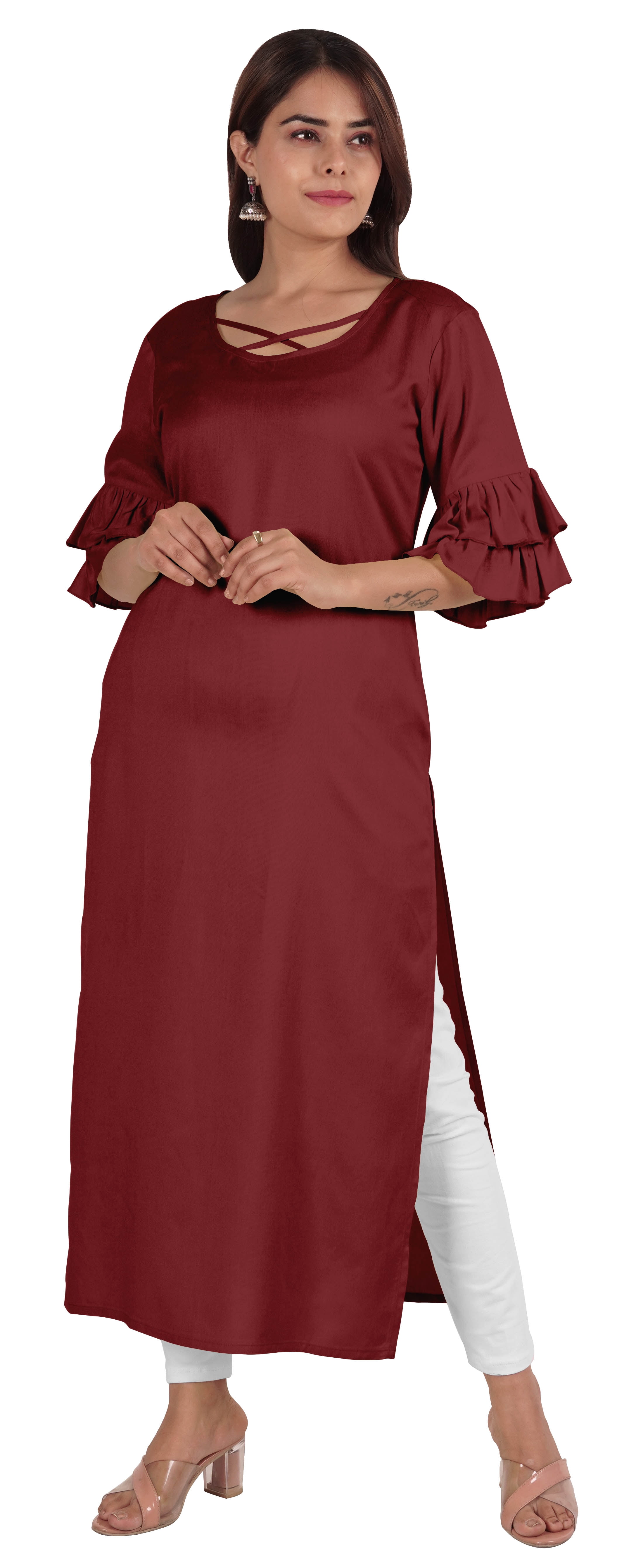 Moomaya Kurta en Rayonne Uni pour Femmes à Manches Évasées, Col à Cordon, Kurti Ethnique Long