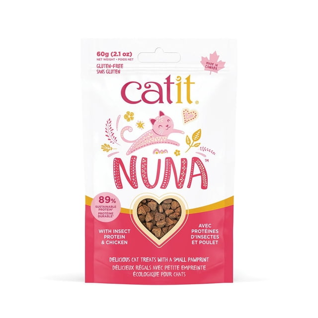 Catit Nuna Insect Protein & Chicken Cat Treats 60 G pouch with white and pink packaging, featuring a playful pink cat illustration and a heart-shaped window showing brown gluten-free cat treats made in Canada.
