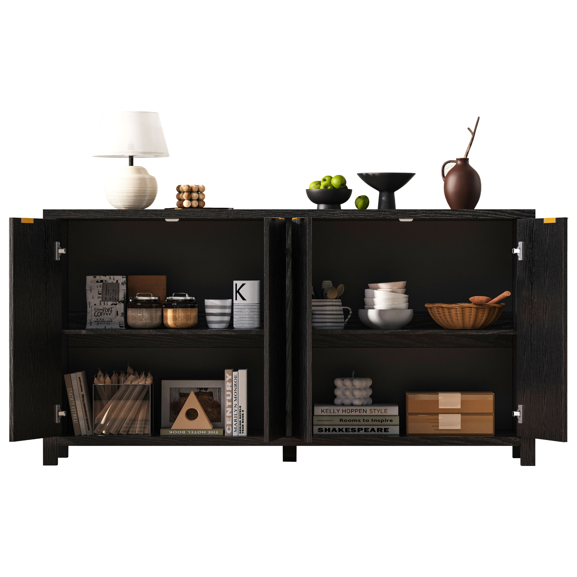 Noble House 55" Fluted Buffet Cabinet,4-Door Farmhouse Accent Storage with Adjustable Shelves for Dining Room,Black