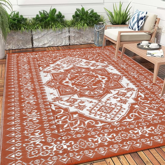 GlowSol 10x20 Outdoor Rug Waterproof Carpet Patio Rug Indoor Outdoor Area Rug Reversible Rug for Picnic Beach Deck-Outdoor, Brick Red/White