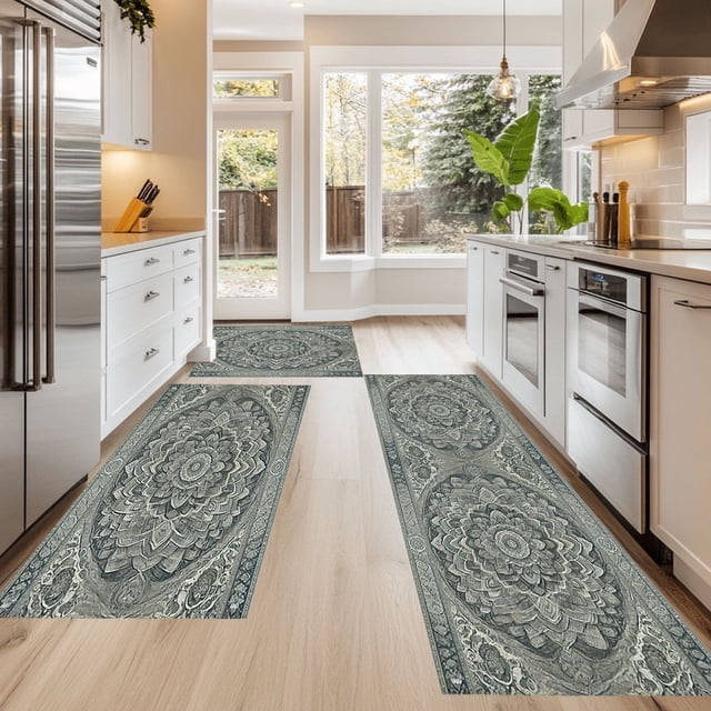 Birdeem Kitchen Mats for Floor, Kitchen Mat 3Pcs Large Bohemias Mats Non Slip Rugs Washable Absorbent Microfiber Plushes Boho Rugs for Kitchen Floor Office Sink Laundry Dark Home Decor