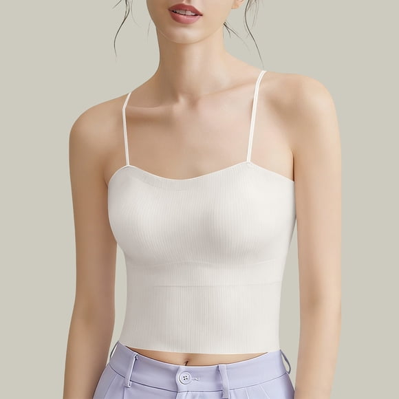 Seamless Ribbed Cami Tops, Womens Girls Spaghetti Strap Slim Fitting Cropped Camisole for Layering Daily Wear White M
