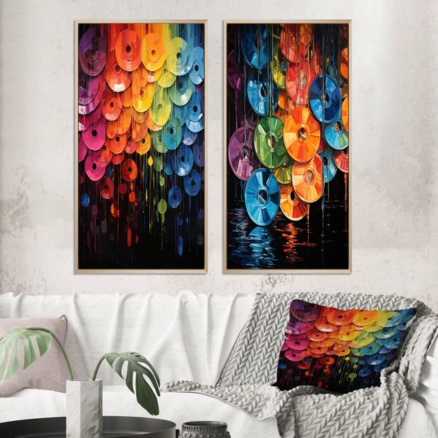 Designart "Shimmering Beats Compact Discs wall art II" Compact Discs Framed Wall Art Set Of 2 - Multi-Color Fashion Framed Canvas Set For Living Room Decor