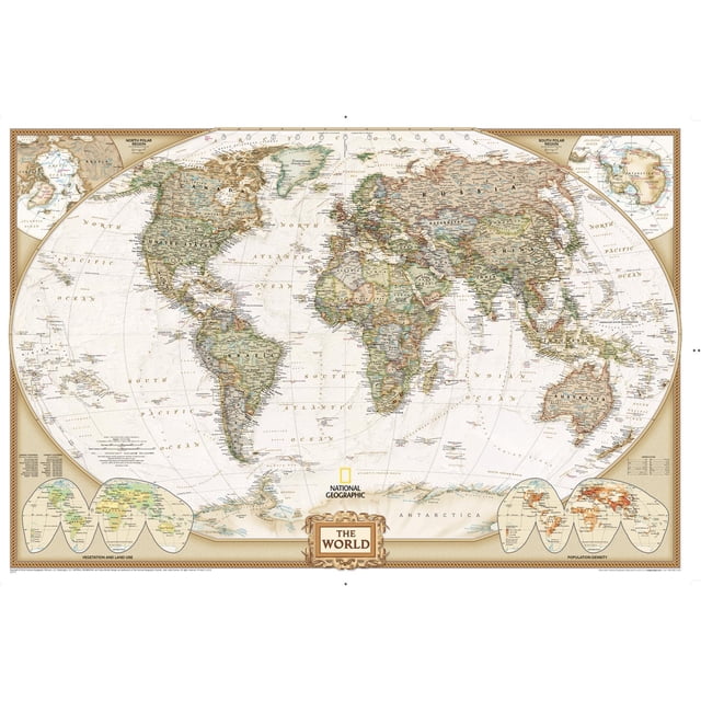 National Geographic Maps: World Executive Wall Map - Antique Style - 36 x 24 inch Poster - Paper centered front-facing 36 x 24 in National Geographic world map poster in an antique-style palette, drawn in Winkel Tripel projection with shaded relief; continents and labeled countries and cities, visible rivers and ocean floor features, and corner inset panels for polar regions, vegetation/land-use and population density; often used as a compact classroom or office reference poster.