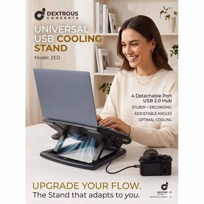 thumbnail image 2 of Universal Laptop & Tablet Cooling Stand – Ergonomic Height Adjustable Riser with 4-Port Detachable USB Hub & Ultra-Silent 2400RPM Fan – Compatible with 13-15" Devices (Black), 2 of 3