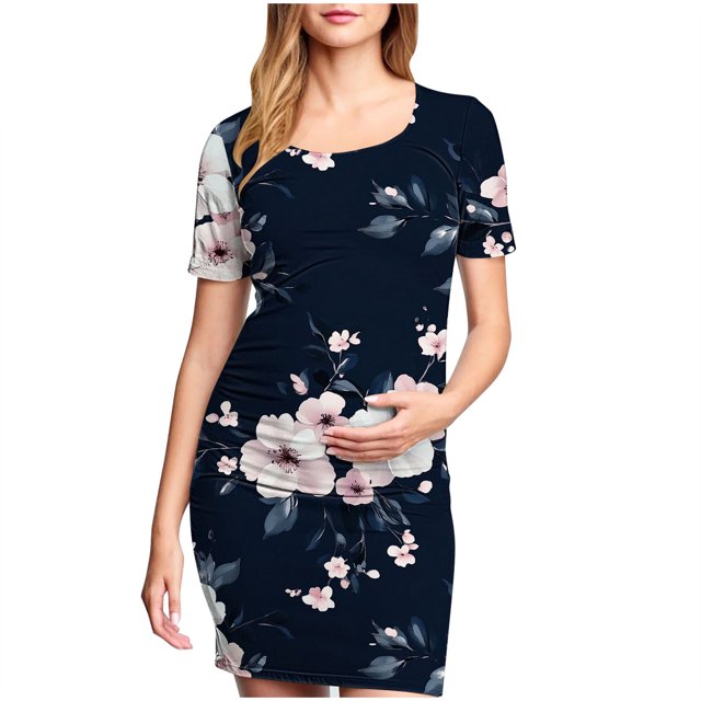 yoeyez Robes de Maternité pour Femmes Rose à Manches Courtes Col Rond Robe à Imprimé Floral Robes de Maternité Formelles de Fête Vêtements de Grossesse en Solde Multicolore,P