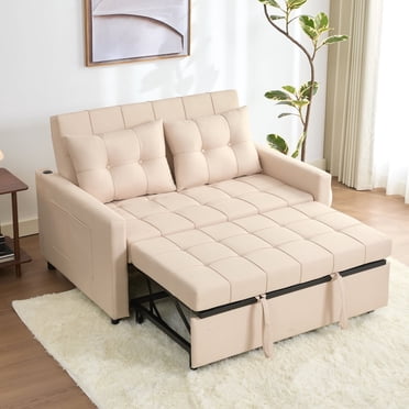 BIGSYY Canapé-Lit Convertible 3-en-1 de 52 Pouces en Lin avec Lit Escamotable, Dossier Réglable en Continu et Poche Latérale - Blanc