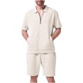 thumbnail image 1 of Styesk Mens Outfits 2 Piece Summer Men's Casual Fashion Solid Color Short Sleeved Lapel Drawstring Elastic Waist Set, 1 of 3