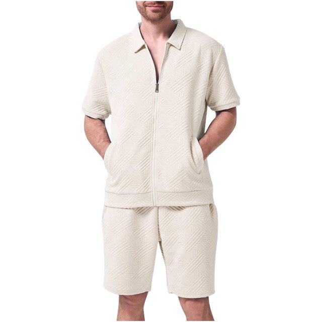 Styesk Mens Outfits 2 Piece Summer Men's Casual Fashion Solid Color Short Sleeved Lapel Drawstring Elastic Waist Set