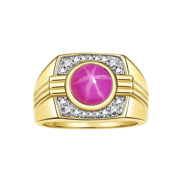RYLOS Mens Rings 14K Yellow Gold Designer Round Gemstone & Sparkling Diamond Ring Star Ruby July Birthstone Rings For Men, Men's Rings, Gold Rings Sizes 8 - 13