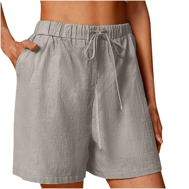 Mrat Cotton Linen Shorts for Woman Drawstring Elastic Waist Shorts Comfy Shorts 5 Inch Inseam Beach Short with Pockets S-36 Gray S