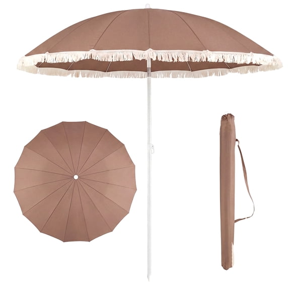 Costway Parasol de Patio avec Franges, Parasol Boho à Pompons pour Extérieur Plage Jardin au Bord de la Piscine Brun+blanc