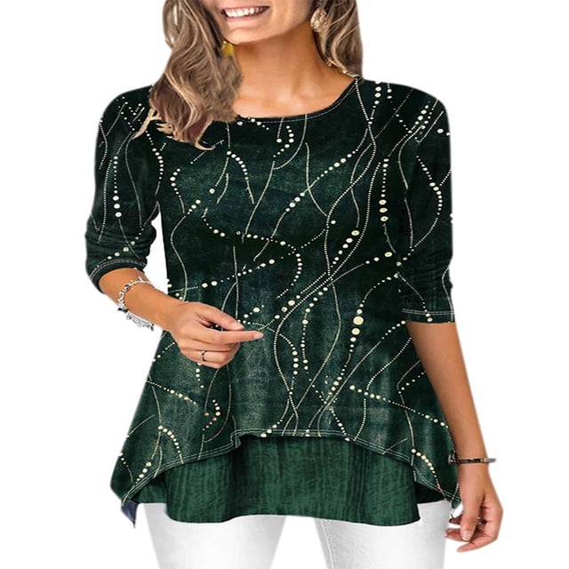 Women‘s Plus Size Loose 3/4 Sleeves Irregular Casual Tunic Neck Work Tops