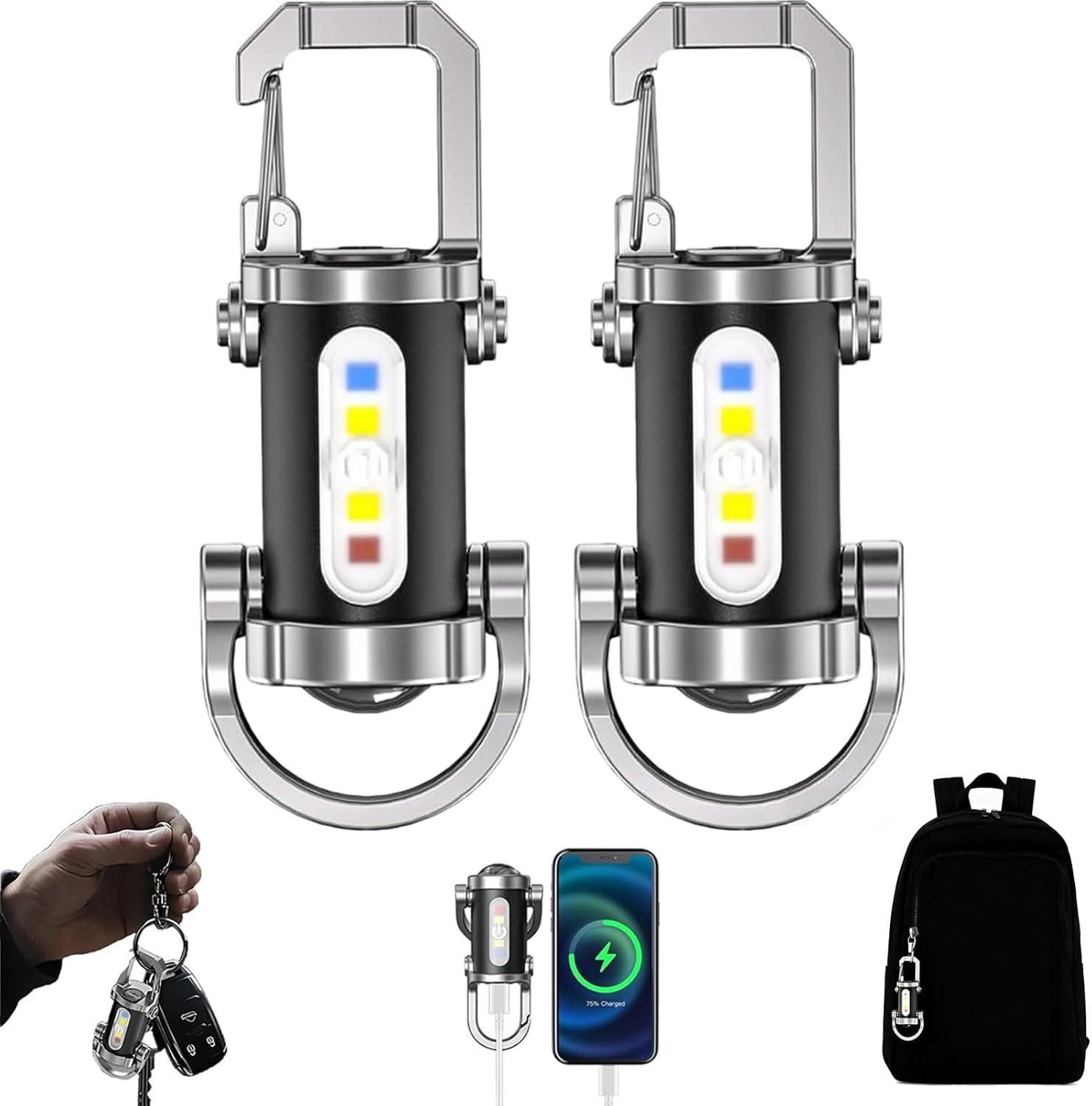 Portable rechargeable high-brightness keychain phone charger, 1200 lumen keychain flashlight, USB charging, 7 lighting modes, waterproof design, suitable for camping.,2 pzas