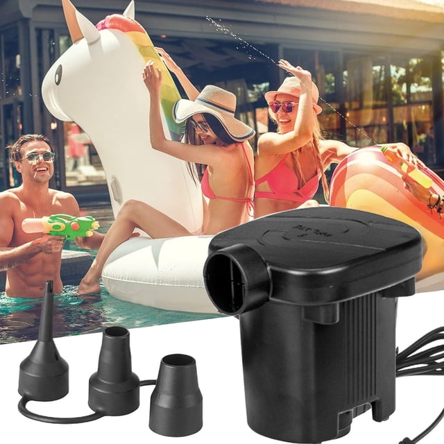 RKSTN Air Pump Household Pump designed for inflating swimming pools, inflatable beds, and other household items. The black plastic pump is compact, measuring 10.8x10.7x9.9 cm, and includes a multipurpose interface with three nozzle attachments for compatibility with various inflatable products. The image shows the pump in the foreground with a poolside setting in the background, featuring inflatable toys and a vibrant summer atmosphere.