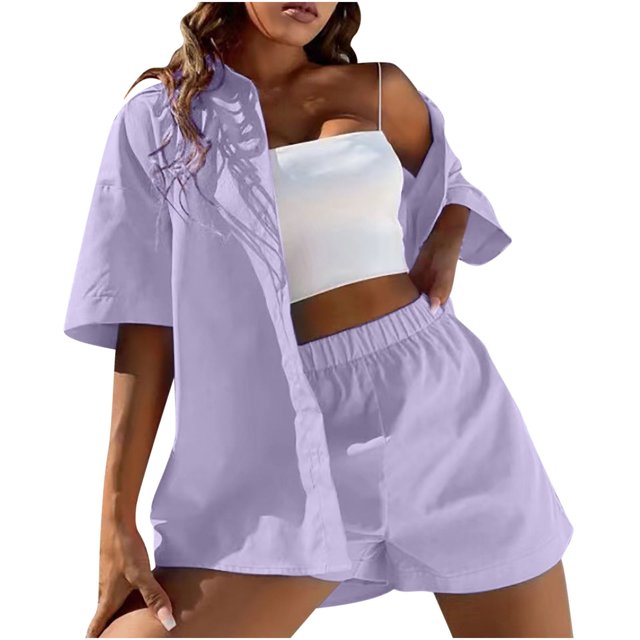 Ensembles Assortis pour Femmes Ensembles 2 Pcs pour Femmes Ensemble de Vêtements Femme Col Rond Manches Courtes Hauts Pantalons Ensembles Pantalons Style Pantalon S_555 Survêtements pour Femmes Violet m