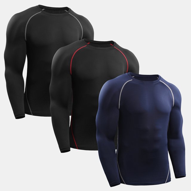 Chandails de Compression pour Hommes 3 Pcs Élastiques Séchage Rapide Couche de Base Col Rond Manches Longues T-Shirt de Sport