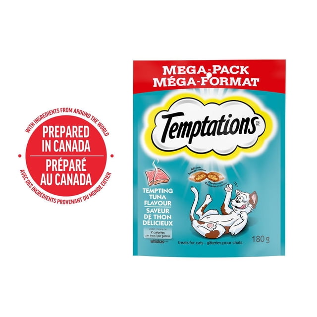 Temptations Tempting Tuna Flavour Soft & Crunchy Adult Cat Treats 180g mega-pack pouch with blue and red packaging, featuring a playful white and brown cat illustration and dual-texture treats crunchy outside and soft inside, prepared in Canada with global ingredients, suitable for daily cat rewards.