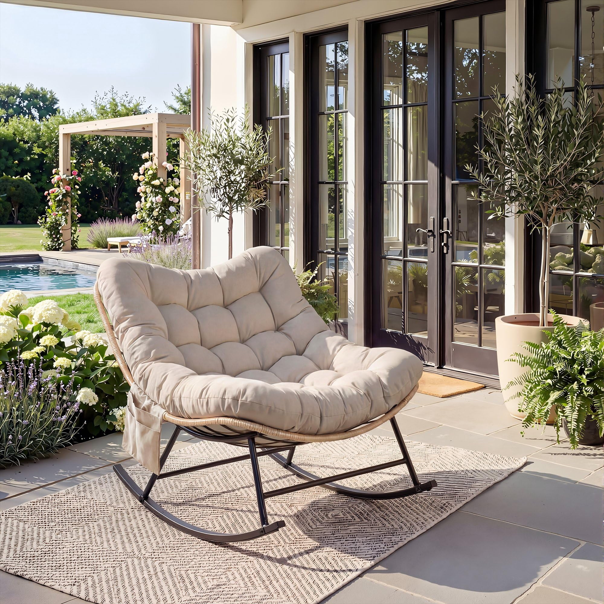 Indoor Outdoor Patio Rocking Glider Chair – 450 lbs Capacity – Weather-Resistant Rattan, UV-Proof Cushion & soft Toy Fleece Upholstery – Sturdy Rubber Wood & Reinforced Steel Frame
