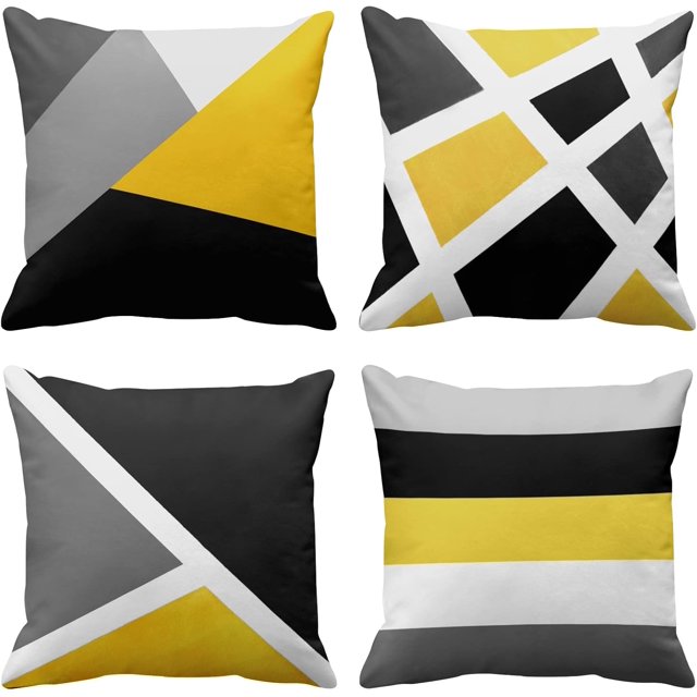 Set of 4 Throw Pillow Covers Modern Abstract Stripe Simple Geometric Acrylic Bold Decorative Pillow Cases Home Decor Square 16x16 Inches Pillowcases(Grey Yellow)