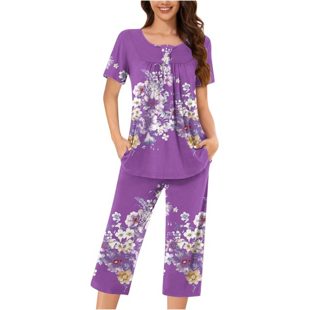 Rbaofujie Pyjama pour Femmes Ensemble Shorts Femmes Décontracté Col Rond Manches Courtes Blouse Pantalon Mode Ensemble de Pyjama Pyjama d'Hiver pour Femmes