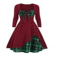 thumbnail image 1 of Women‘s Spring Autumn Patchwork Dress Long Sleeve Square Neck Plaid Zipper A-Line Dress, 1 of 5