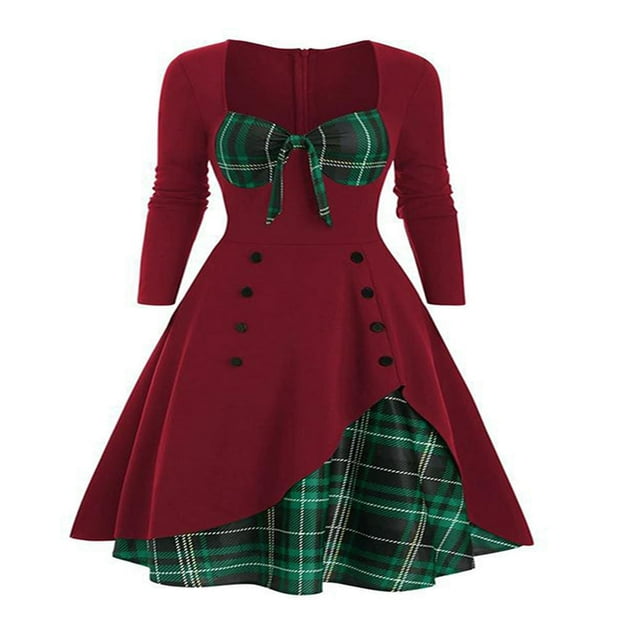 Women‘s Spring Autumn Patchwork Dress Long Sleeve Square Neck Plaid Zipper A-Line Dress