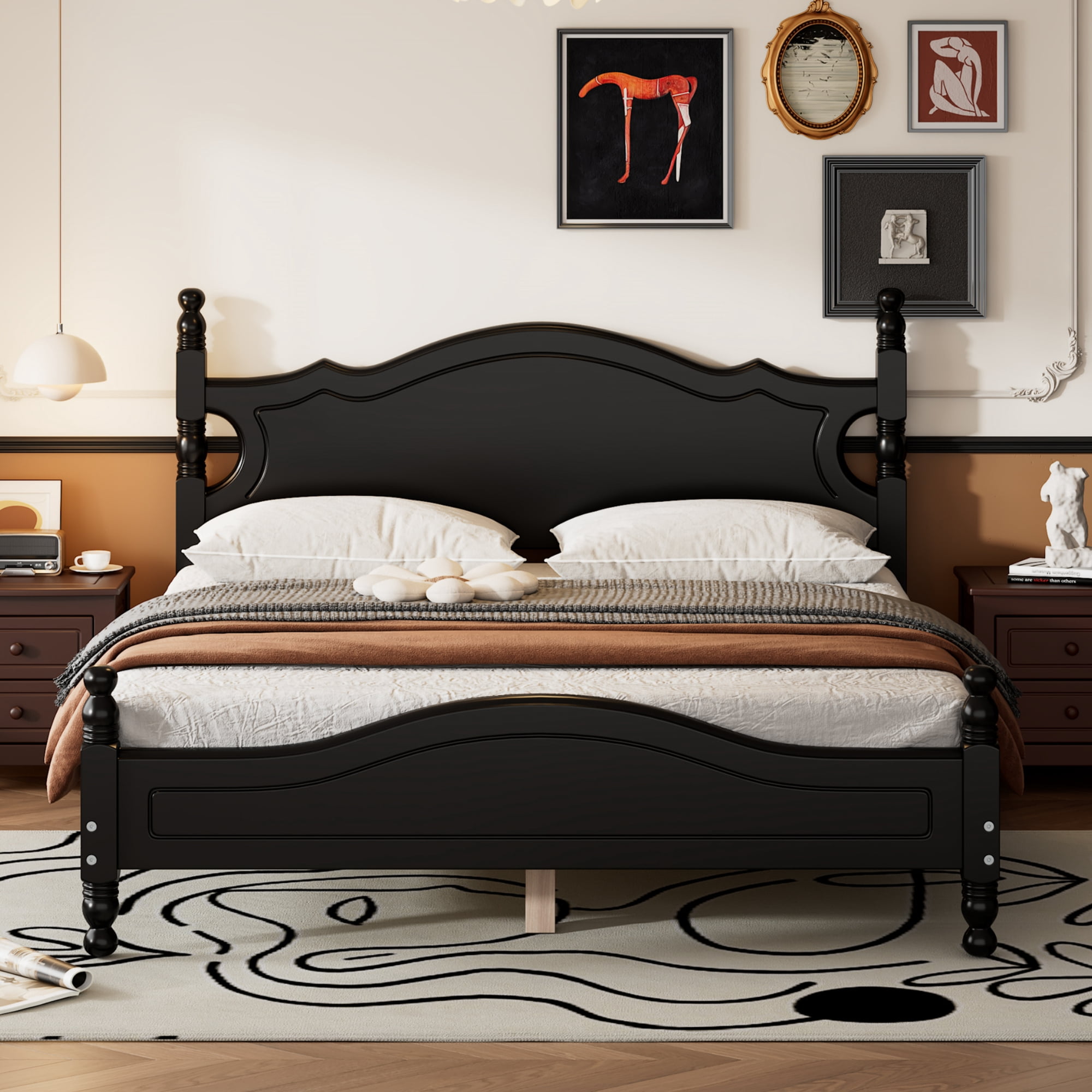 Homy Casa lit double 56,2 po avec lattes en bois, tête et pied de lit arqués pour chambre, chambre d’amis, appartement, noir