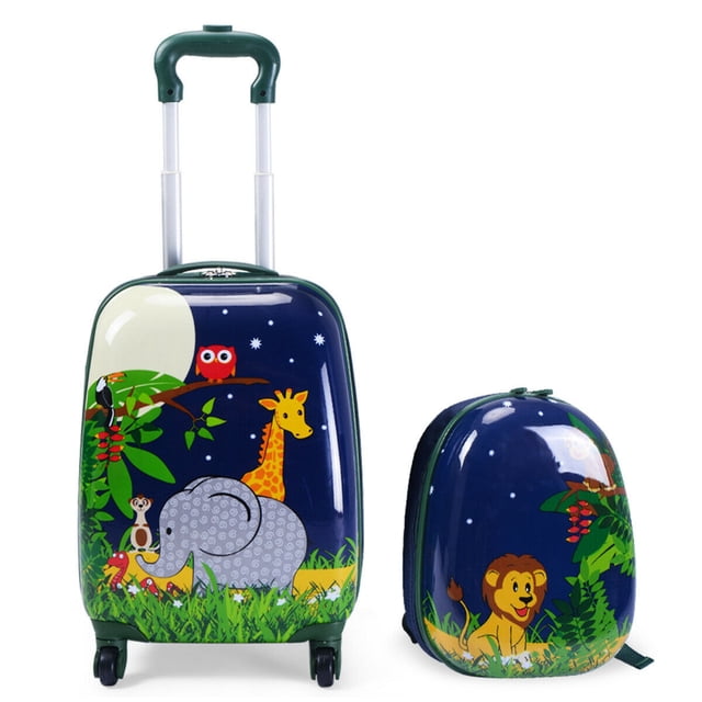 Costway 12" 16" Kids Luggage Set, including a 16-inch trolley suitcase and a 12-inch backpack with a cute animal design featuring a giraffe, elephant, and lion on a dark blue background. The suitcase has multi-directional wheels and a telescoping handle, while the backpack includes adjustable straps. Made from tough ABS and polycarbonate material, ideal for travel, outdoor activities, and as carry-on luggage.
