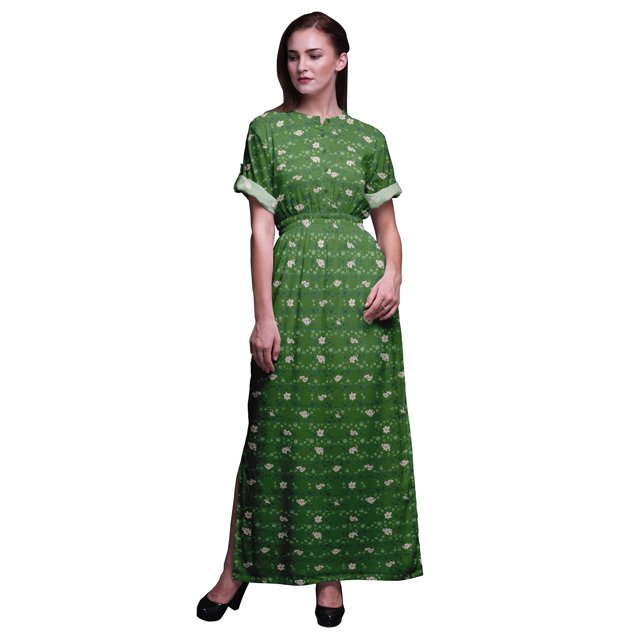 Bimba Robe Longue d'Été en Rayonne Bleu et Blanc à Imprimé Floral, Manches Kimono, Fente, XXX-Grand