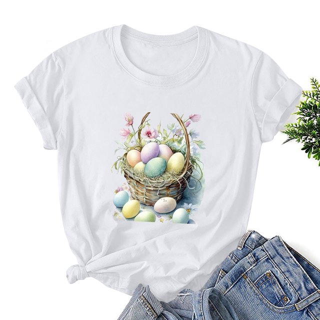 EGNMCR T-Shirt de Pâques Chemises pour Femmes Imprimé de Pâques T-Shirt Décontracté Imprimé à Manches Courtes pour Femme Haut T-Shirt à Manches Courtes Col Rond Hauts/chemises T-Shirts pour Femmes