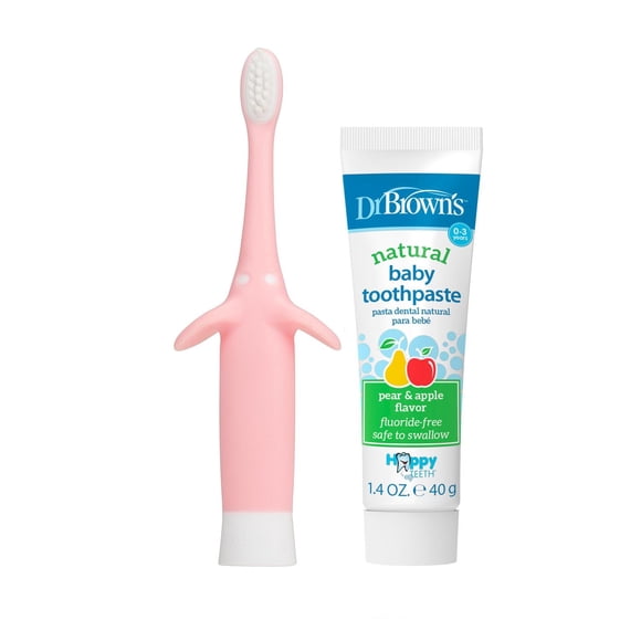 Dr. Brown's Ensemble de Brosse à Dents d'Apprentissage pour Nourrissons et Tout-Petits avec Dentifrice pour Bébé Sans Fluorure, Saveur Poire et Pomme - Éléphant Rose - - 0-3 Ans