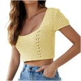 thumbnail image 1 of Square Neck Crop Tops for Women Short Sleeve Crochet Knit Going out Tops Basic Slim Cropped T Shirts, 1 of 4