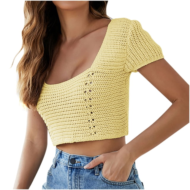Square Neck Crop Tops for Women Short Sleeve Crochet Knit Going out Tops Basic Slim Cropped T Shirts
