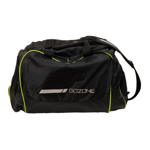 GoZone Pro Gym Bag in black with neon yellow piping, featuring a rectangular duffel shape with dual carry handles and Velcro closure, a detachable shoulder strap, and the GoZone logo in silver on the front pocket. Made from lightweight, water-repellent polyester with multiple zippered compartments, it is ideal for gym use and short trips.