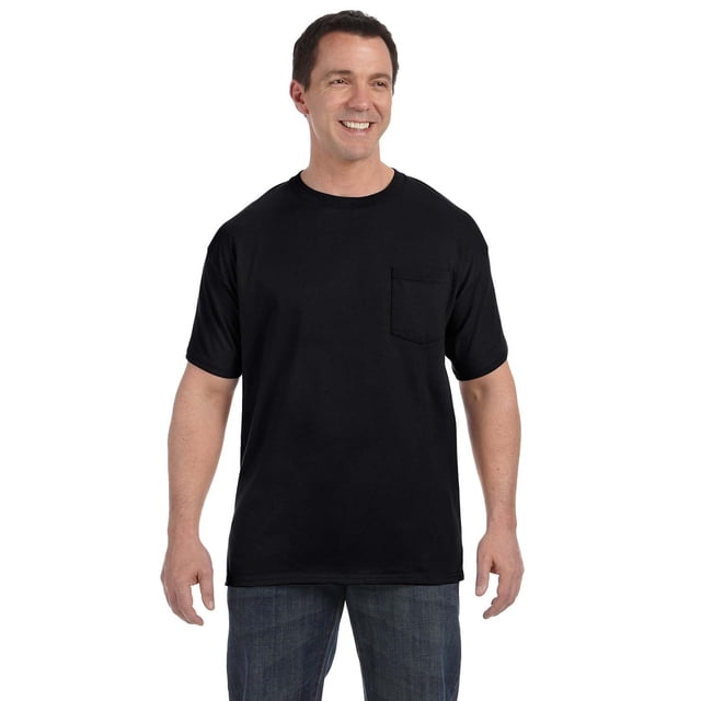 Hanes T-Shirt à Poche Authentique en Noir, Conçu pour Hommes, avec un Col Rond Classique, des Manches Courtes et une Poche Poitrine. Fabriqué en jersey 100 % Coton avec un Poids de 6 Oz/yd2 et Étiquette Amovible pour le Confort. Idéal pour une Tenue Décontractée.