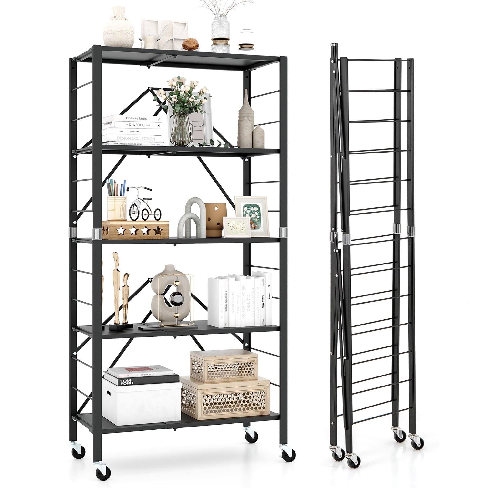 Gymax 5-Tier Foldable Storage Shelf w/ Wheels Adjustable Shelves Metal Shelving Unit